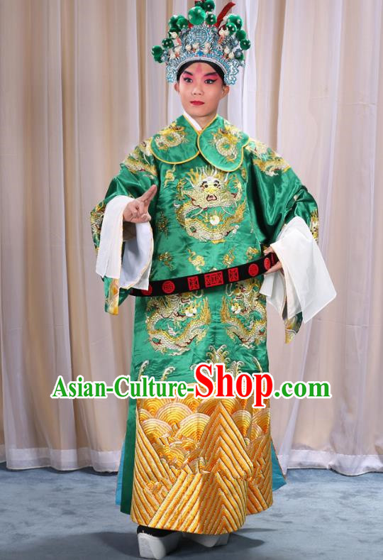 Top Grade Professional Beijing Opera Emperor Costume Green Embroidered Robe and Shoes, Traditional Ancient Chinese Peking Opera Royal Highness Gwanbok Clothing