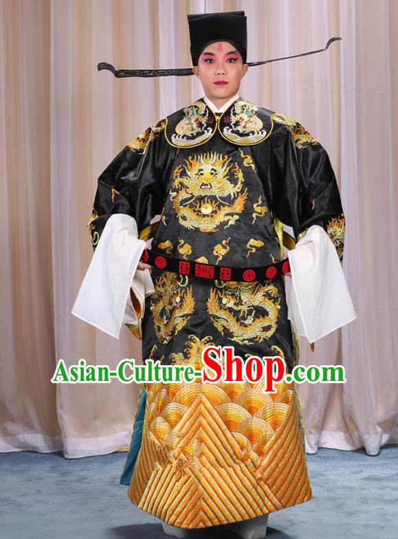 Top Grade Professional Beijing Opera Emperor Costume Black Embroidered Robe and Shoes, Traditional Ancient Chinese Peking Opera Royal Highness Gwanbok Clothing