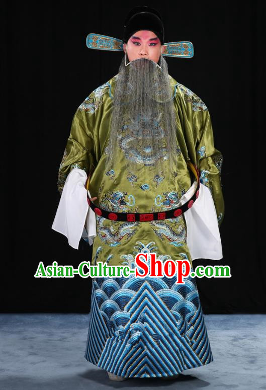 Top Grade Professional Beijing Opera Emperor Costume Green Embroidered Robe and Shoes, Traditional Ancient Chinese Peking Opera Royal Highness Gwanbok Clothing