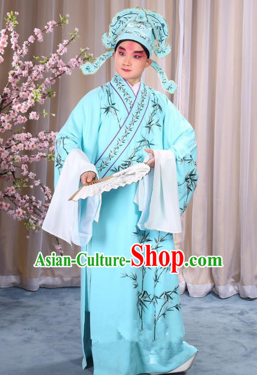 China Beijing Opera Niche Costume Gifted Scholar Embroidered Bamboo Blue Robe and Headwear, Traditional Ancient Chinese Peking Opera Embroidery Clothing