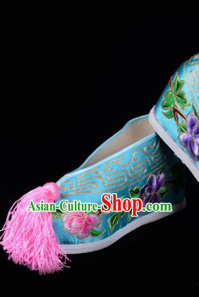 Top Grade Professional Beijing Opera Hua Tan Embroidered Peony Hidden Elevator Light Blue Satin Shoes, Traditional Ancient Chinese Peking Opera Diva Princess Blood Stained Shoes