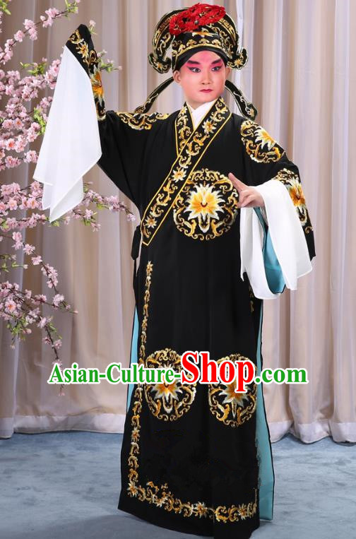 China Beijing Opera Niche Costume General Black Embroidered Robe and Headwear, Traditional Ancient Chinese Peking Opera Embroidery Military Officer Gwanbok Clothing