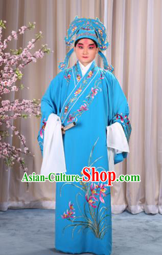China Beijing Opera Niche Costume Young Men Blue Embroidered Robe and Shoes, Traditional Ancient Chinese Peking Opera Scholar Embroidery Orchid Gwanbok Clothing