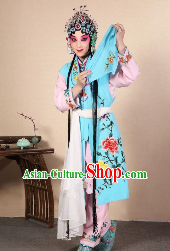 Top Grade Professional Beijing Opera Diva Costume Young Lady Blue Embroidered Waistcoat, Traditional Ancient Chinese Peking Opera Princess Embroidery Dress Clothing