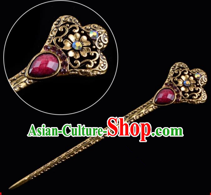 Traditional China Beijing Opera Hua Tan Pantaloon Hair Accessories Purple Hairpin, Ancient Chinese Peking Opera Women Hairpins Diva Kanzashi Headwear