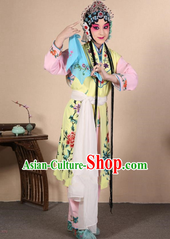 Top Grade Professional Beijing Opera Diva Costume Young Lady Yellow Embroidered Waistcoat, Traditional Ancient Chinese Peking Opera Princess Embroidery Dress Clothing