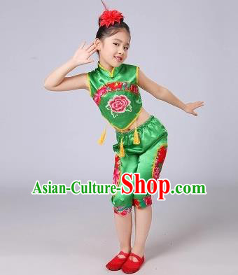 Traditional Chinese Classical Dance Yangge Fan Dancing Costume, Folk Dance Drum Dance Uniform Yangko Green Costume for Kids