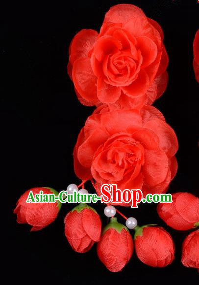 Traditional China Beijing Opera Hua Tan Red Flowers Hair Accessories Hairpin, Ancient Chinese Peking Opera Women Hairpins Diva Temple Kanzashi Headwear