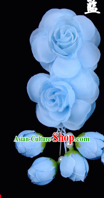 Traditional China Beijing Opera Hua Tan Blue Flowers Hair Accessories Hairpin, Ancient Chinese Peking Opera Women Hairpins Diva Temple Kanzashi Headwear