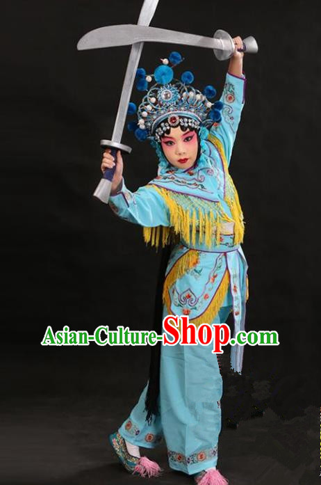 Traditional China Beijing Opera Female General Blue Costume and Headwear Complete Set, Ancient Chinese Peking Opera Swordplay Embroidery Clothing for Kids