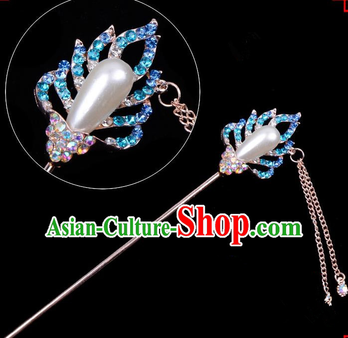 Traditional China Beijing Opera Hua Tan Hair Accessories Blue Crystal Pearls Hairpin, Ancient Chinese Peking Opera Women Hairpins Diva Temple Kanzashi Headwear