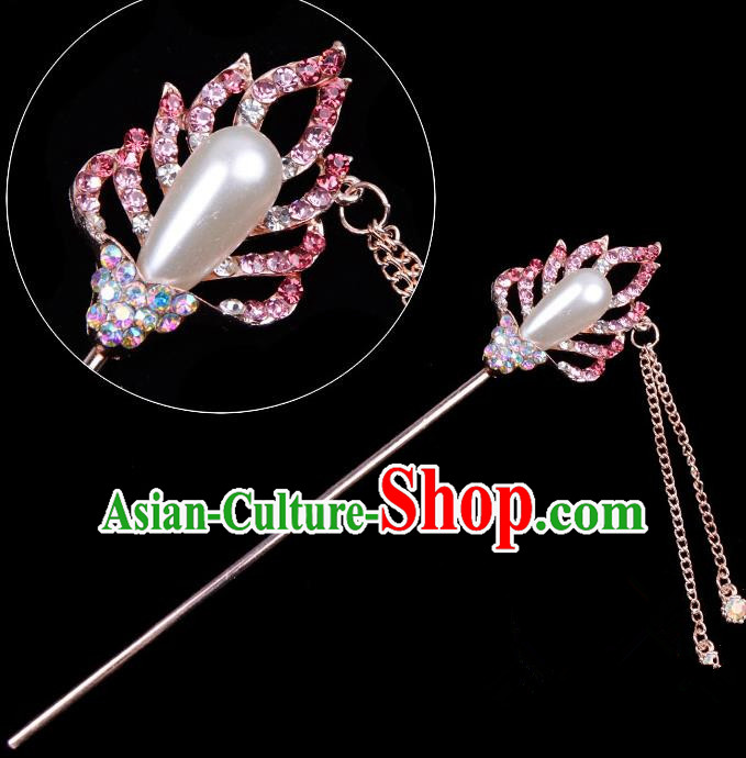 Traditional China Beijing Opera Hua Tan Hair Accessories Pink Crystal Pearls Hairpin, Ancient Chinese Peking Opera Tassel Step Shake Women Hairpins Diva Temple Kanzashi Headwear