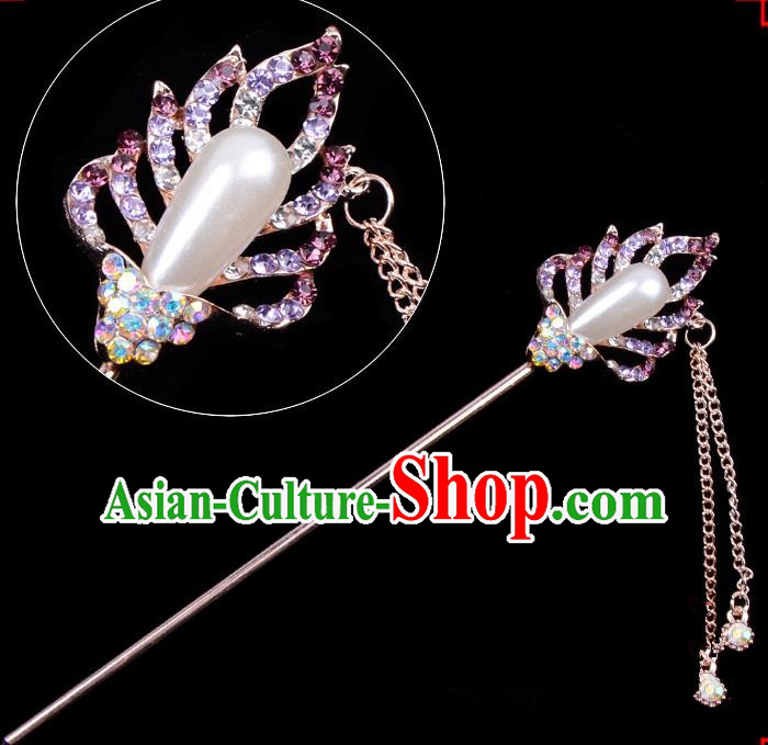 Traditional China Beijing Opera Hua Tan Hair Accessories Purple Crystal Pearls Hairpin, Ancient Chinese Peking Opera Tassel Step Shake Women Hairpins Diva Temple Kanzashi Headwear