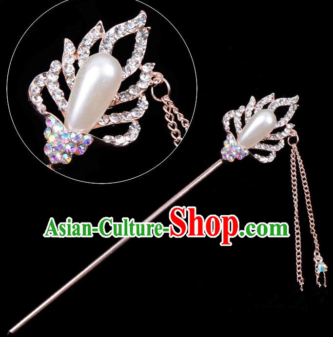 Traditional China Beijing Opera Hua Tan Hair Accessories Crystal Pearls Hairpin, Ancient Chinese Peking Opera Tassel Step Shake Women Hairpins Diva Temple Kanzashi Headwear