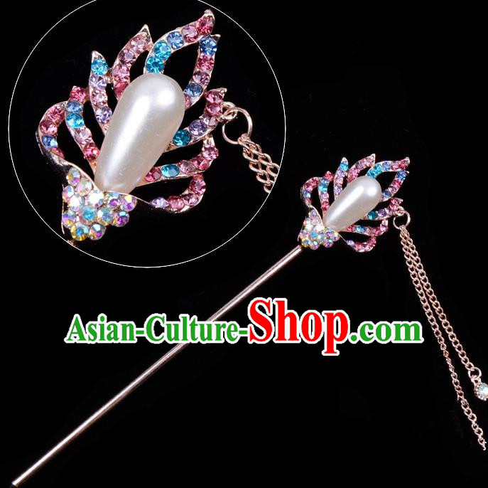 Traditional China Beijing Opera Hua Tan Hair Accessories Colorful Crystal Pearls Hairpin, Ancient Chinese Peking Opera Tassel Step Shake Women Hairpins Diva Temple Kanzashi Headwear