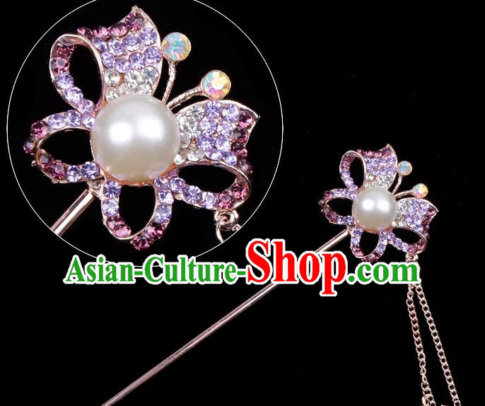 Traditional China Beijing Opera Hua Tan Hair Accessories Purple Crystal Butterfly Hairpin, Ancient Chinese Peking Opera Tassel Step Shake Women Hairpins Diva Temple Kanzashi Headwear