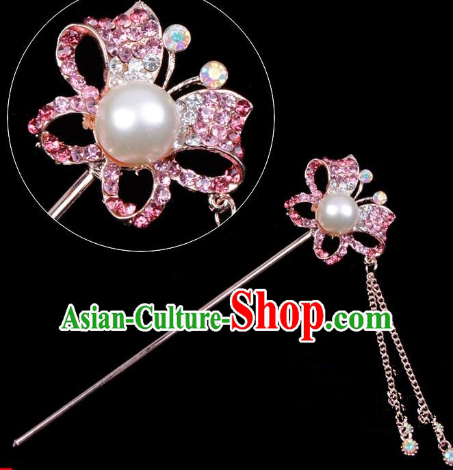 Traditional China Beijing Opera Hua Tan Hair Accessories Pink Crystal Butterfly Hairpin, Ancient Chinese Peking Opera Tassel Step Shake Women Hairpins Diva Temple Kanzashi Headwear