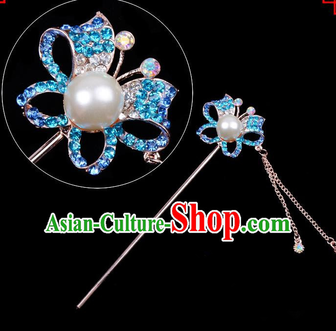 Traditional China Beijing Opera Hua Tan Hair Accessories Blue Crystal Butterfly Hairpin, Ancient Chinese Peking Opera Tassel Step Shake Women Hairpins Diva Temple Kanzashi Headwear