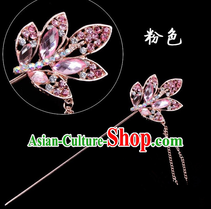 Traditional China Beijing Opera Hua Tan Hair Accessories Pink Crystal Leaf Hairpin, Ancient Chinese Peking Opera Tassel Step Shake Women Hairpins Diva Temple Kanzashi Headwear