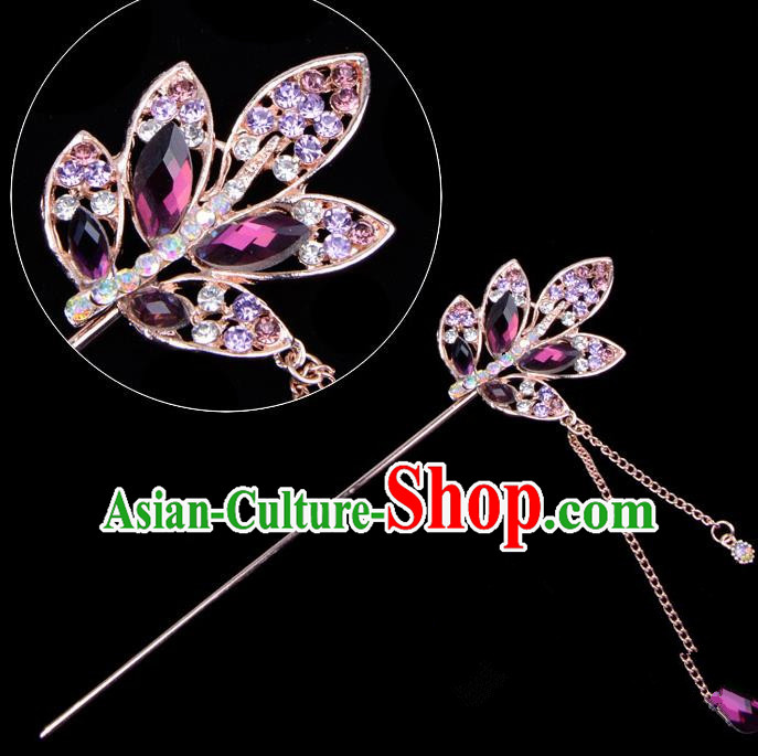 Traditional China Beijing Opera Hua Tan Hair Accessories Purple Crystal Leaf Hairpin, Ancient Chinese Peking Opera Tassel Step Shake Women Hairpins Diva Temple Kanzashi Headwear