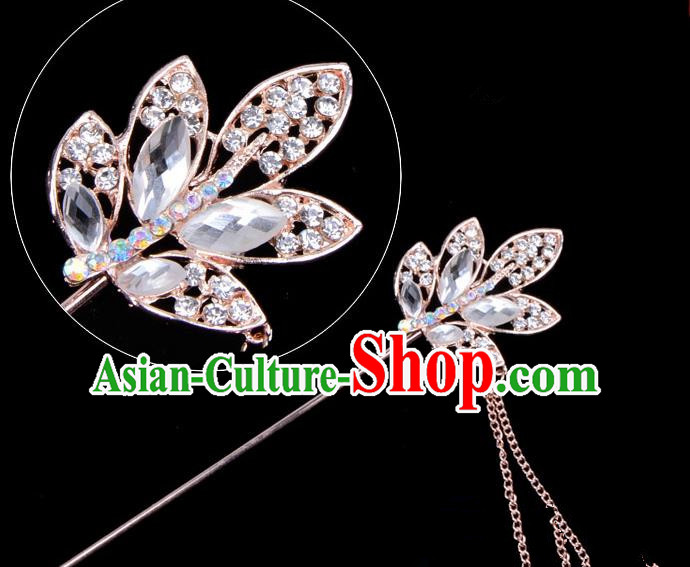 Traditional China Beijing Opera Hua Tan Hair Accessories Crystal Leaf Hairpin, Ancient Chinese Peking Opera Tassel Step Shake Women Hairpins Diva Temple Kanzashi Headwear