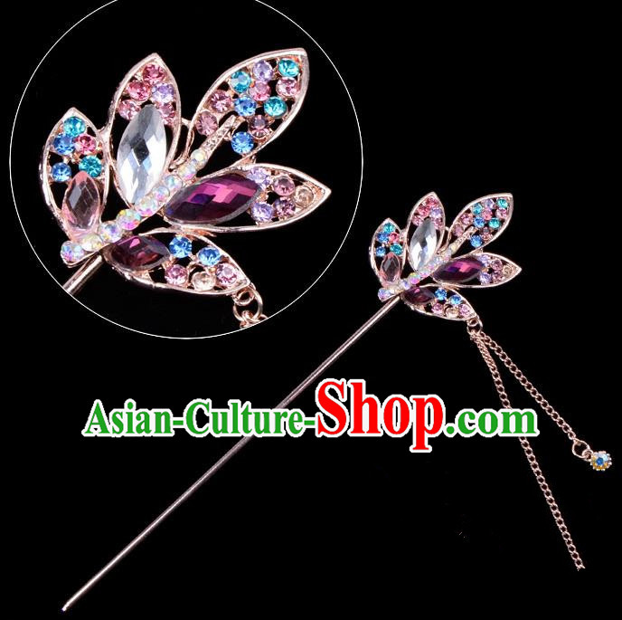 Traditional China Beijing Opera Hua Tan Hair Accessories Colorful Crystal Leaf Hairpin, Ancient Chinese Peking Opera Tassel Step Shake Women Hairpins Diva Temple Kanzashi Headwear