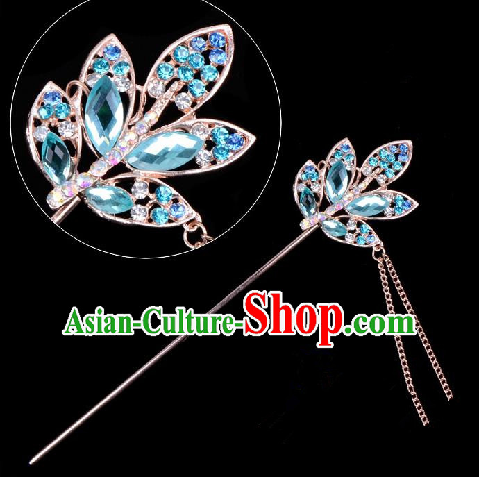 Traditional China Beijing Opera Hua Tan Hair Accessories Blue Crystal Leaf Hairpin, Ancient Chinese Peking Opera Tassel Step Shake Women Hairpins Diva Temple Kanzashi Headwear