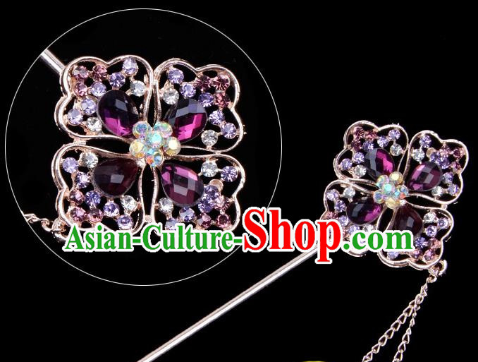 Traditional China Beijing Opera Palace Lady Hair Accessories Purple Crystal Hairpin, Ancient Chinese Peking Opera Tassel Step Shake Women Hairpins Diva Kanzashi Headwear