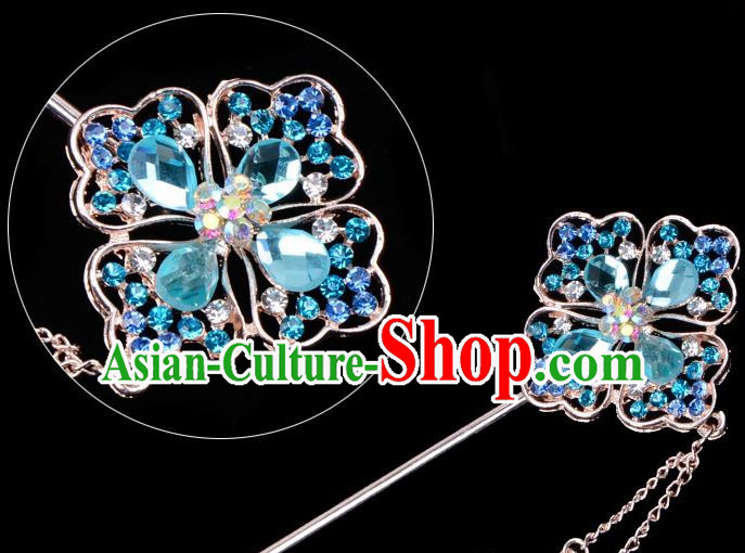 Traditional China Beijing Opera Palace Lady Hair Accessories Blue Crystal Hairpin, Ancient Chinese Peking Opera Tassel Step Shake Women Hairpins Diva Kanzashi Headwear