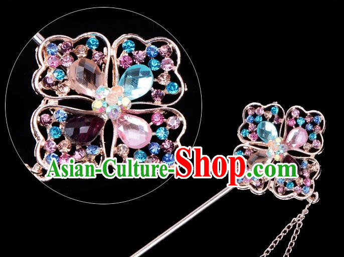 Traditional China Beijing Opera Palace Lady Hair Accessories Colorful Crystal Hairpin, Ancient Chinese Peking Opera Tassel Step Shake Women Hairpins Diva Kanzashi Headwear