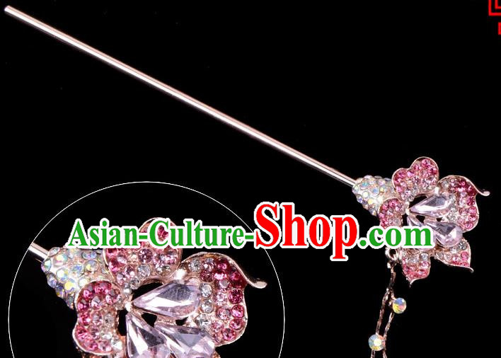 Traditional China Beijing Opera Palace Lady Hair Accessories Pink Crystal Flower Hairpin, Ancient Chinese Peking Opera Tassel Step Shake Women Hairpins Diva Kanzashi Headwear