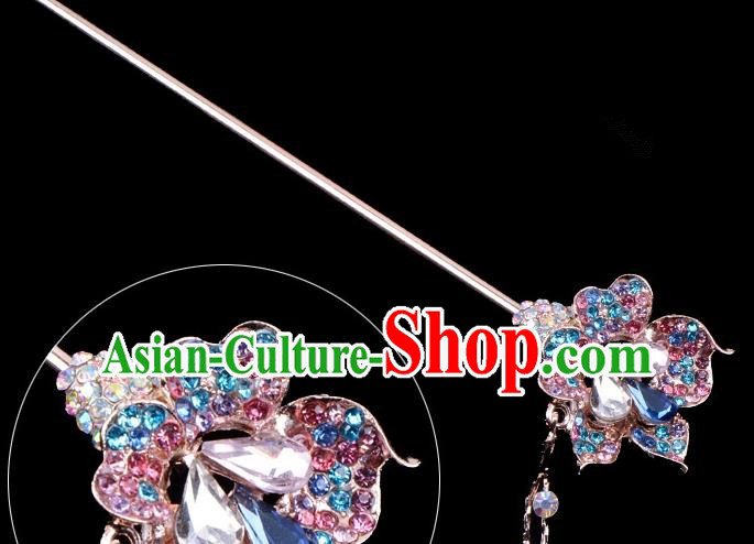 Traditional China Beijing Opera Palace Lady Hair Accessories Colorful Crystal Flower Hairpin, Ancient Chinese Peking Opera Tassel Step Shake Women Hairpins Diva Kanzashi Headwear