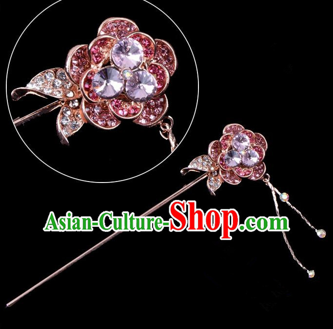 Traditional China Beijing Opera Palace Princess Hair Accessories Purple Crystal Flower Hairpin, Ancient Chinese Peking Opera Tassel Step Shake Women Hairpins Diva Kanzashi Headwear