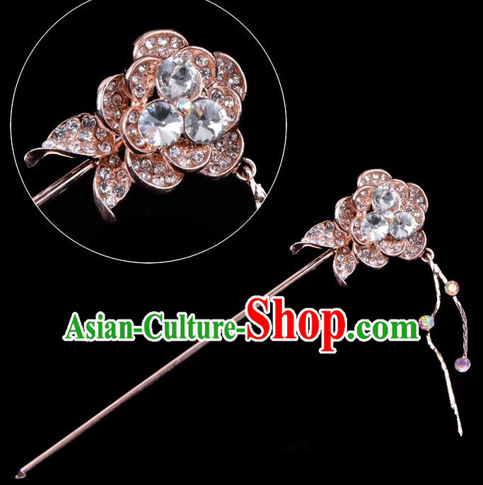 Traditional China Beijing Opera Palace Princess Hair Accessories Crystal Flower Hairpin, Ancient Chinese Peking Opera Tassel Step Shake Women Hairpins Diva Kanzashi Headwear