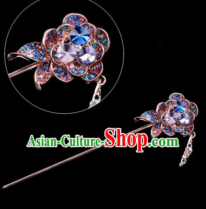 Traditional China Beijing Opera Palace Princess Hair Accessories Colorful Crystal Flower Hairpin, Ancient Chinese Peking Opera Tassel Step Shake Women Hairpins Diva Kanzashi Headwear