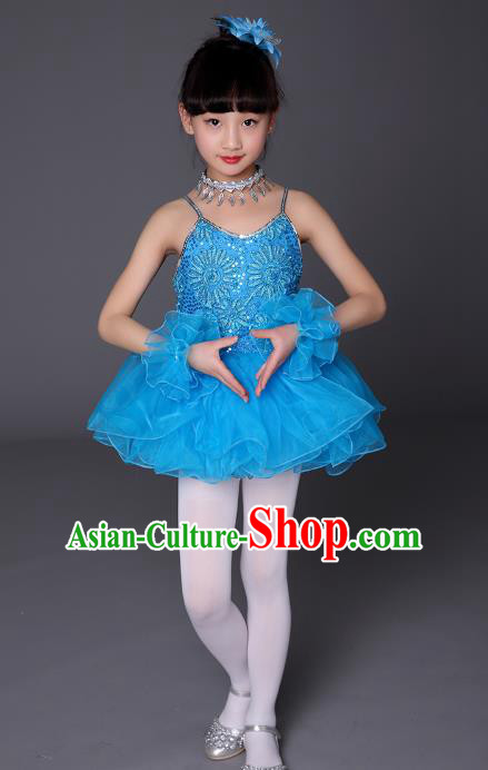 Top Grade Chinese Professional Performance Catwalks Costume, Children Ballet Dance Uniform Modern Swan Dance Blue Dress for Girls Kids