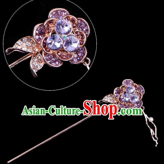 Traditional China Beijing Opera Palace Princess Hair Accessories Crystal Purple Flower Hairpin, Ancient Chinese Peking Opera Tassel Step Shake Women Hairpins Diva Kanzashi Headwear