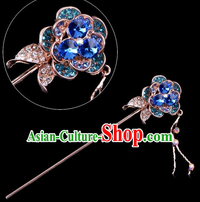 Traditional China Beijing Opera Palace Princess Hair Accessories Crystal Blue Flower Hairpin, Ancient Chinese Peking Opera Tassel Step Shake Women Hairpins Diva Kanzashi Headwear