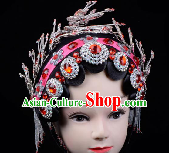 Traditional China Beijing Opera Palace Princess Hair Accessories Red Crystal Head-ornaments Complete Set, Ancient Chinese Peking Opera Tassel Step Shake Women Hairpins Diva Kanzashi Headwear