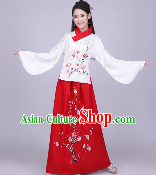 Traditional Ancient Chinese Ming Dynasty Imperial Princess Costume Blouse and Red Skirt, Elegant Hanfu Chinese Ancient Young Lady Sleeve Placket Embroidered Clothing for Women