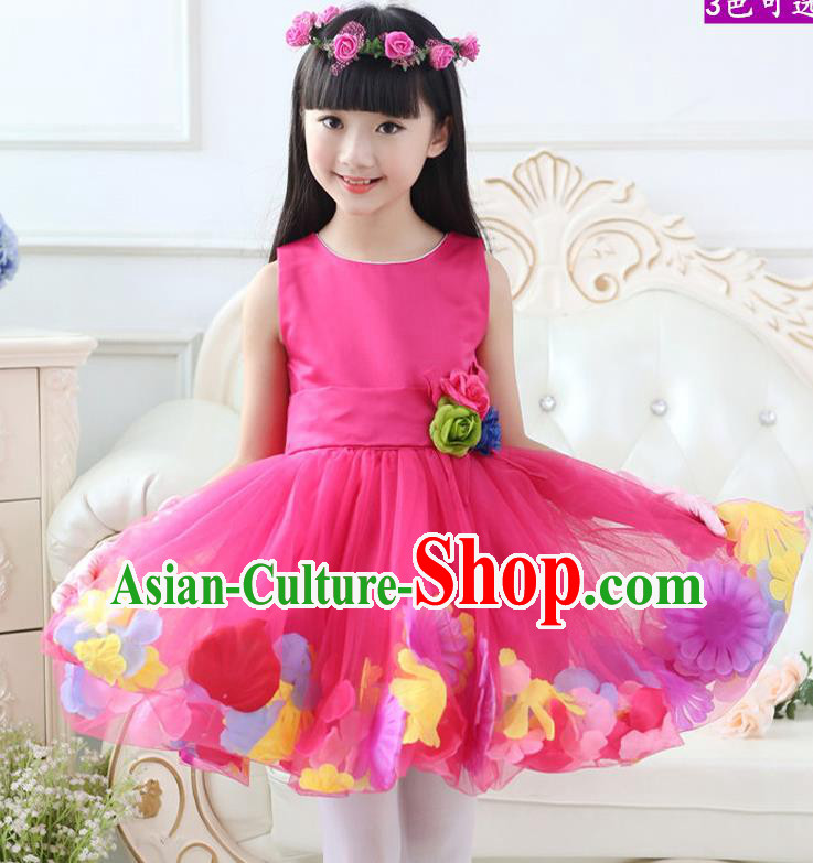 Top Grade Chinese Compere Professional Performance Catwalks Costume, Children Flowers Bubble Dress Modern Dance Rosy Dress for Girls Kids