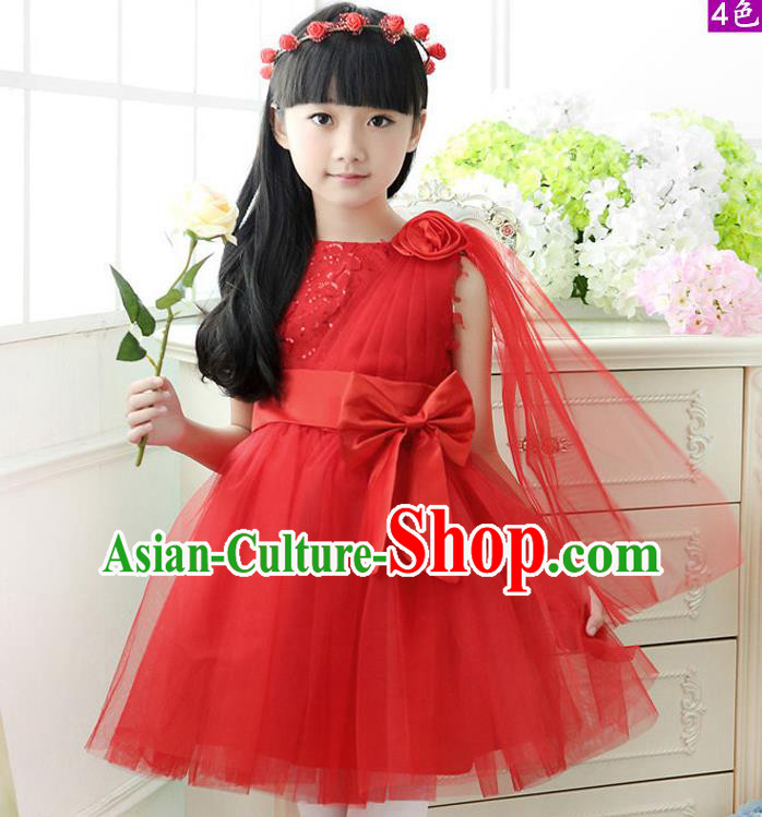 Top Grade Chinese Compere Professional Performance Catwalks Costume, Children Red Veil Bubble Dress Modern Dance Dress for Girls Kids