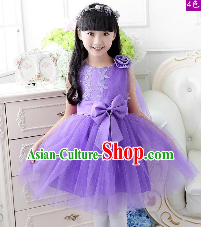 Top Grade Chinese Compere Professional Performance Catwalks Costume, Children Purple Veil Bubble Dress Modern Dance Dress for Girls Kids