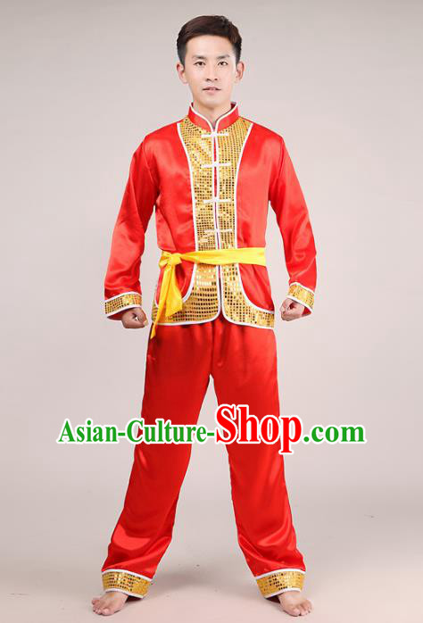 Traditional Chinese Classical Dance Yangge Fan Dance Costume, Folk Dance Drum Dance Uniform Yangko Red Clothing Complete Set for Men