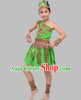 Traditional Chinese Classical Dance Costume, Children Folk Dance Hunter Uniform Green Clothing for Kids