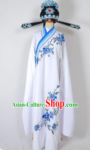 Traditional Chinese Professional Peking Opera Young Men Costume and Hat Complete Set, China Beijing Opera Shaoxing Opera Niche Lang Scholar Embroidery Peony White Long Robe Clothing