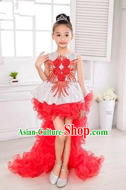 Top Grade Chinese Compere Professional Performance Catwalks Costume, Children Flower Faerie Veil Bubble Dress Modern Dance Red Tailing Dress for Girls Kids