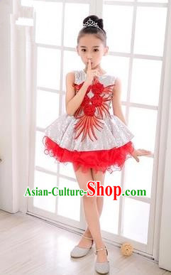 Top Grade Chinese Compere Professional Performance Catwalks Costume, Children Red Veil Bubble Dress Modern Dance Dress for Girls Kids