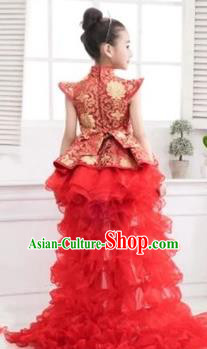 Top Grade Chinese Compere Professional Performance Catwalks Costume, Chinese Children Red Veil Bubble Dress Drum Dance Tailing Dress for Girls Kids