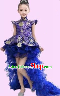 Top Grade Chinese Compere Professional Performance Catwalks Costume, Chinese Children Blue Veil Bubble Dress Drum Dance Tailing Dress for Girls Kids